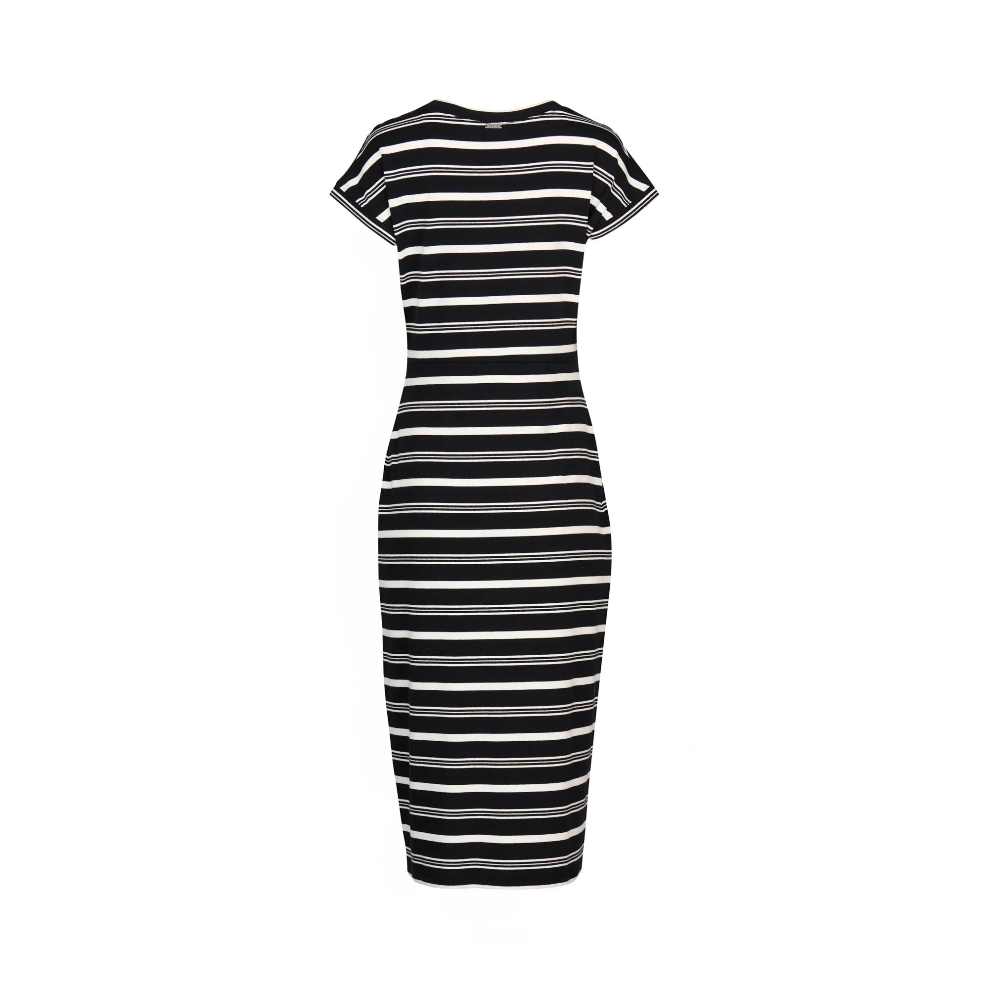 Back view of black and white striped midi dress with short sleeves, studio background