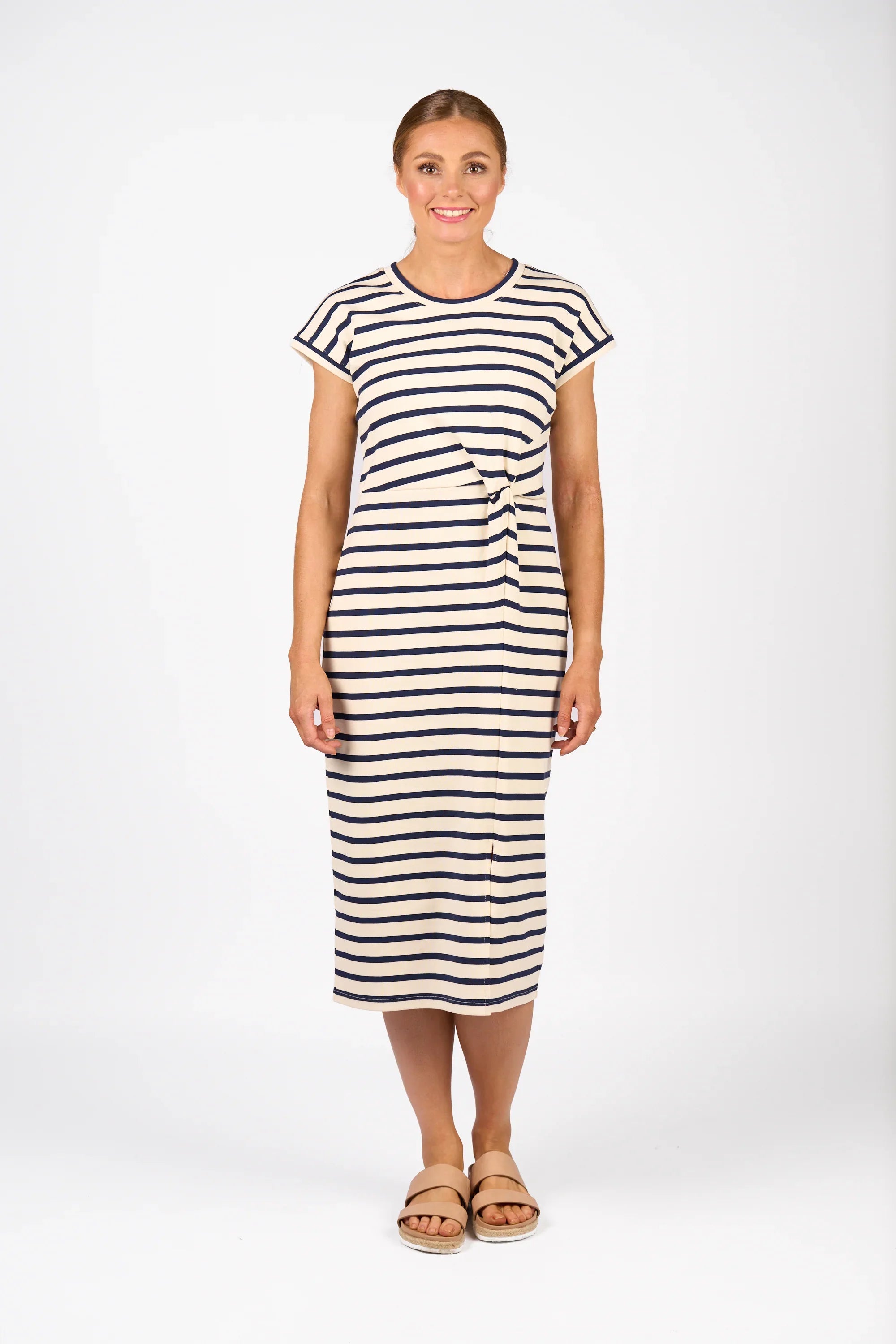KNEWE Label women's K1047 Parker Dress Cream in Ink - close-up fabric detail
