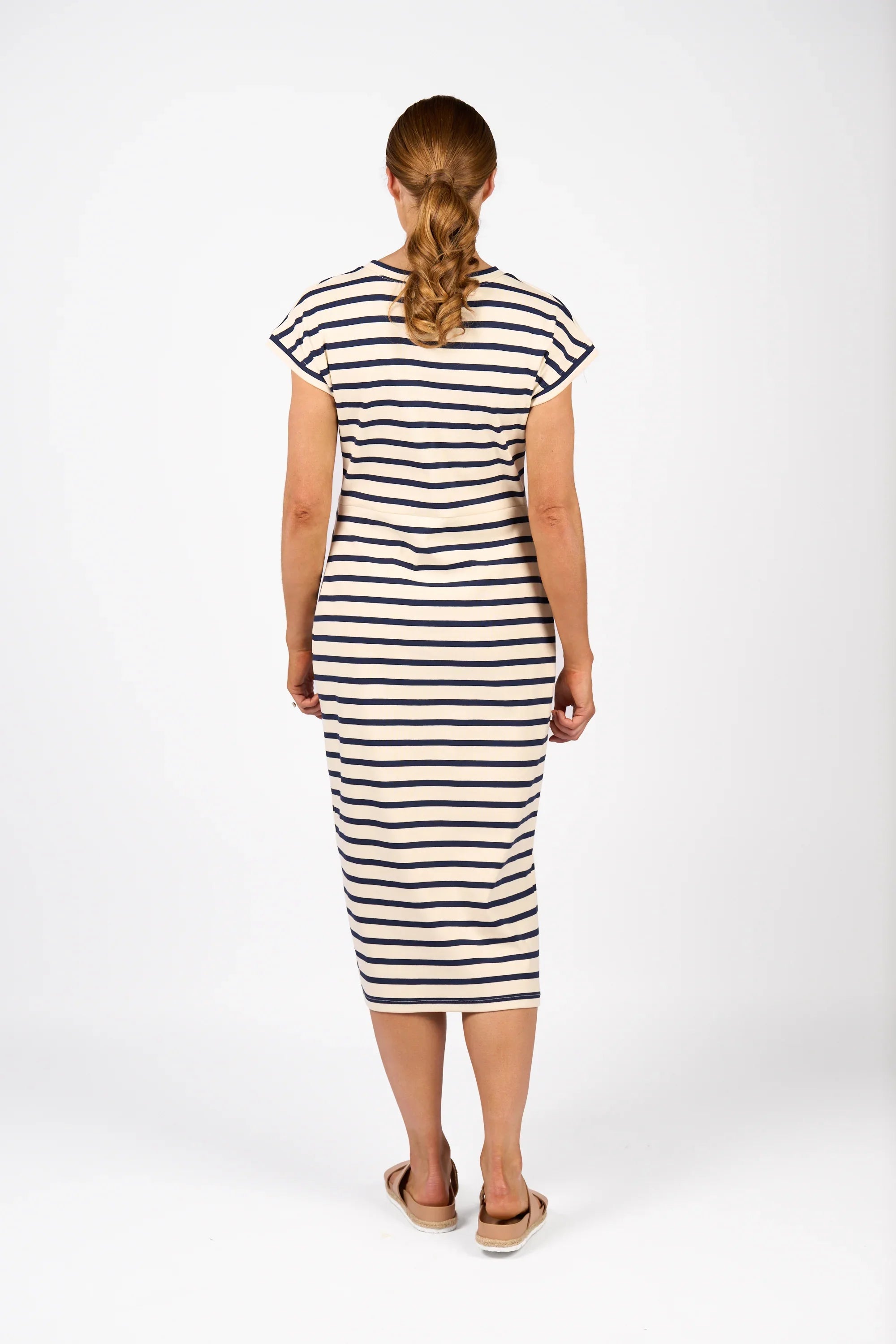 KNEWE Label women's K1047 Parker Dress Cream in Ink - close-up fabric detail