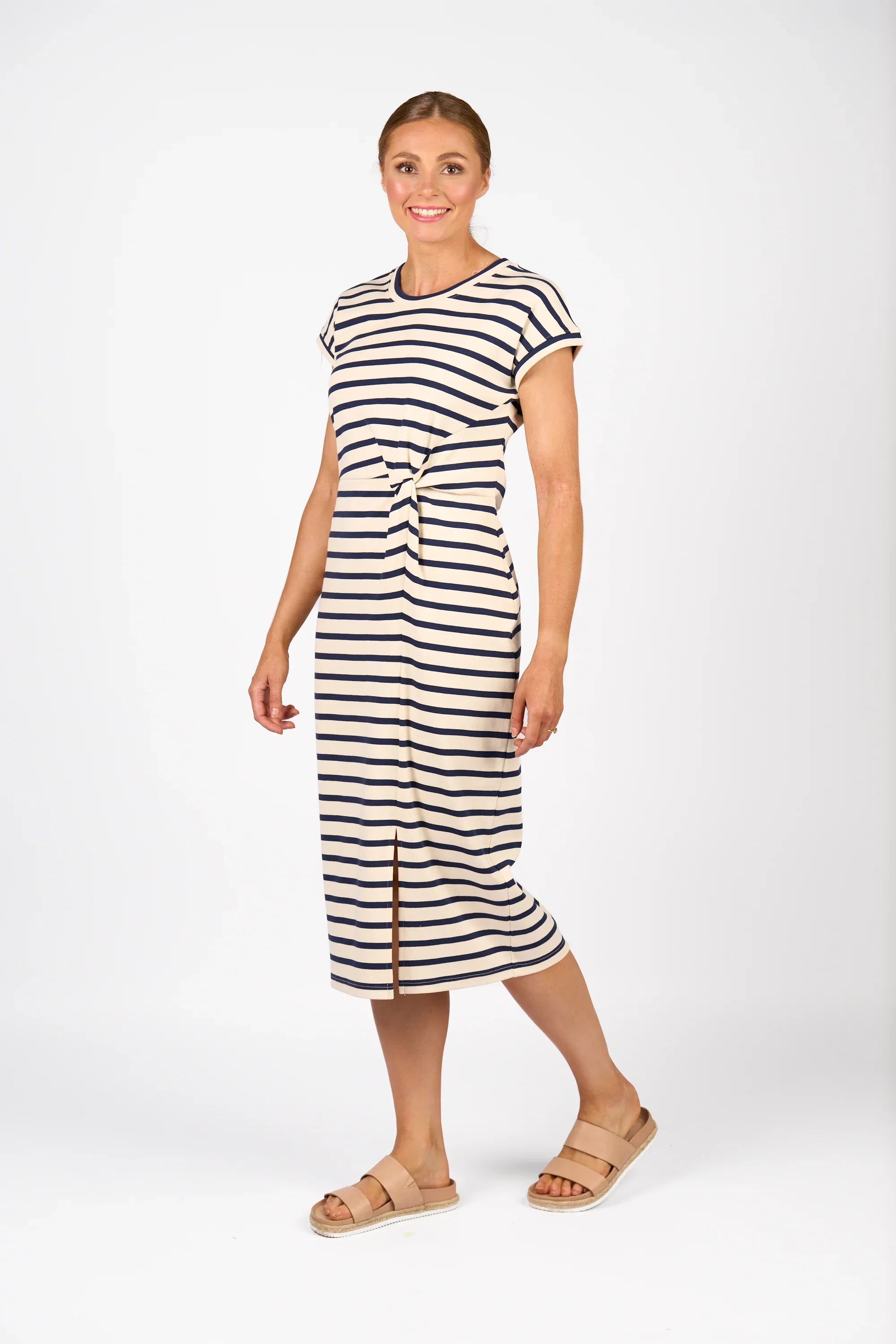 KNEWE Label women's K1047 Parker Dress Cream in Ink - close-up fabric detail