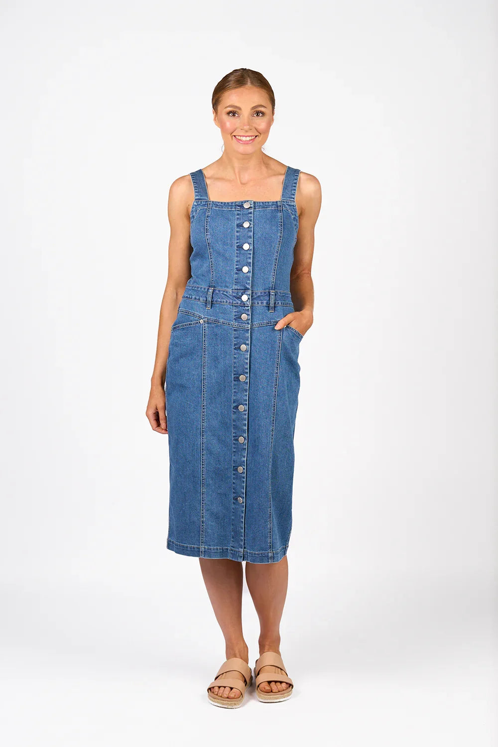 KNEWE Label women's K1062 Novel Dress Blue in Denim - close-up fabric detail