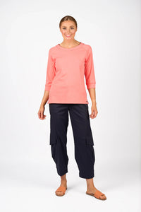 KNEWE Label women's K3051 Status Tee in Coral - close-up fabric detail