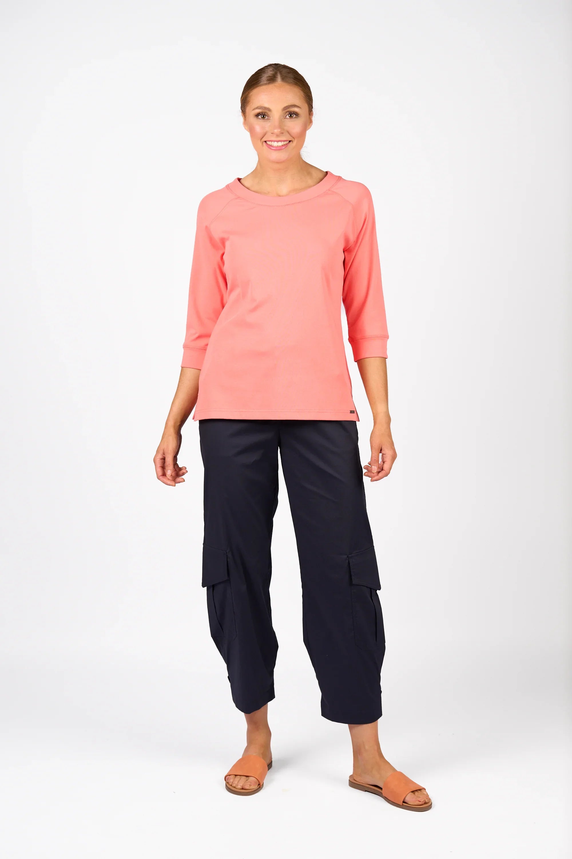 KNEWE Label women's K3051 Status Tee in Coral - close-up fabric detail
