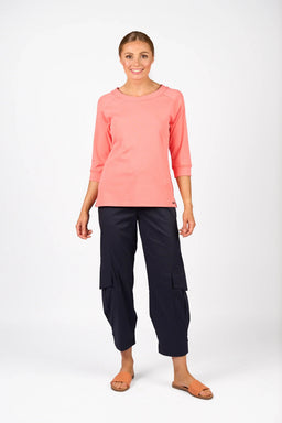 KNEWE Label women's K3051 Status Tee in Coral - close-up fabric detail