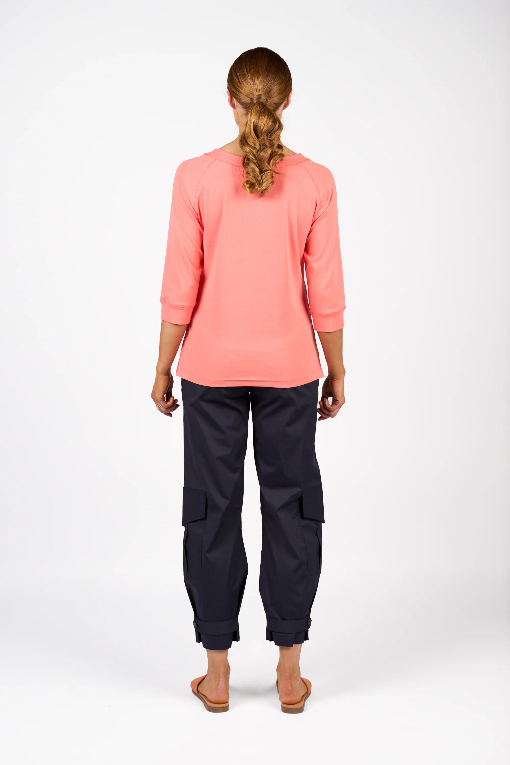 KNEWE Label women's K3051 Status Tee in Coral - close-up fabric detail