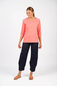 KNEWE Label women's K3051 Status Tee in Coral - close-up fabric detail