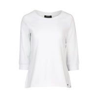 women's white three-quarter sleeve tee with crew neckline on white background