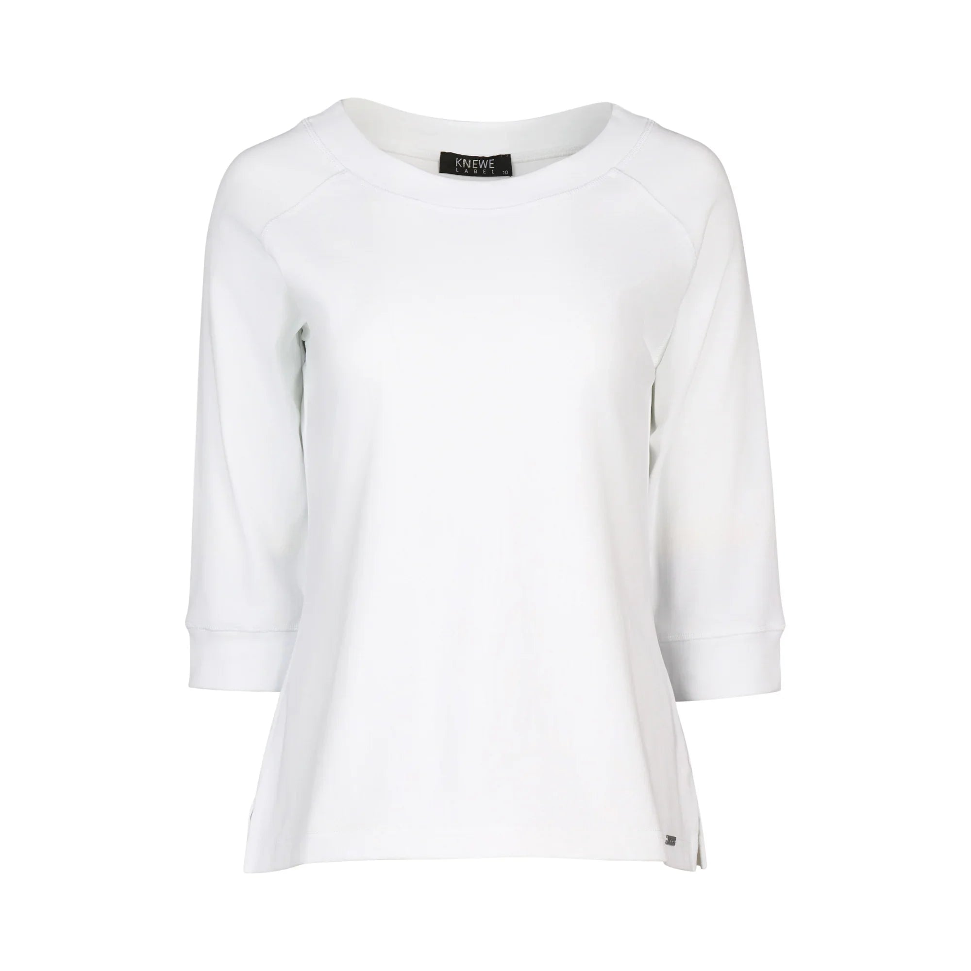 women's white three-quarter sleeve tee with crew neckline on white background
