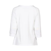 Back view of plain white women's 3/4 sleeve tee with relaxed fit