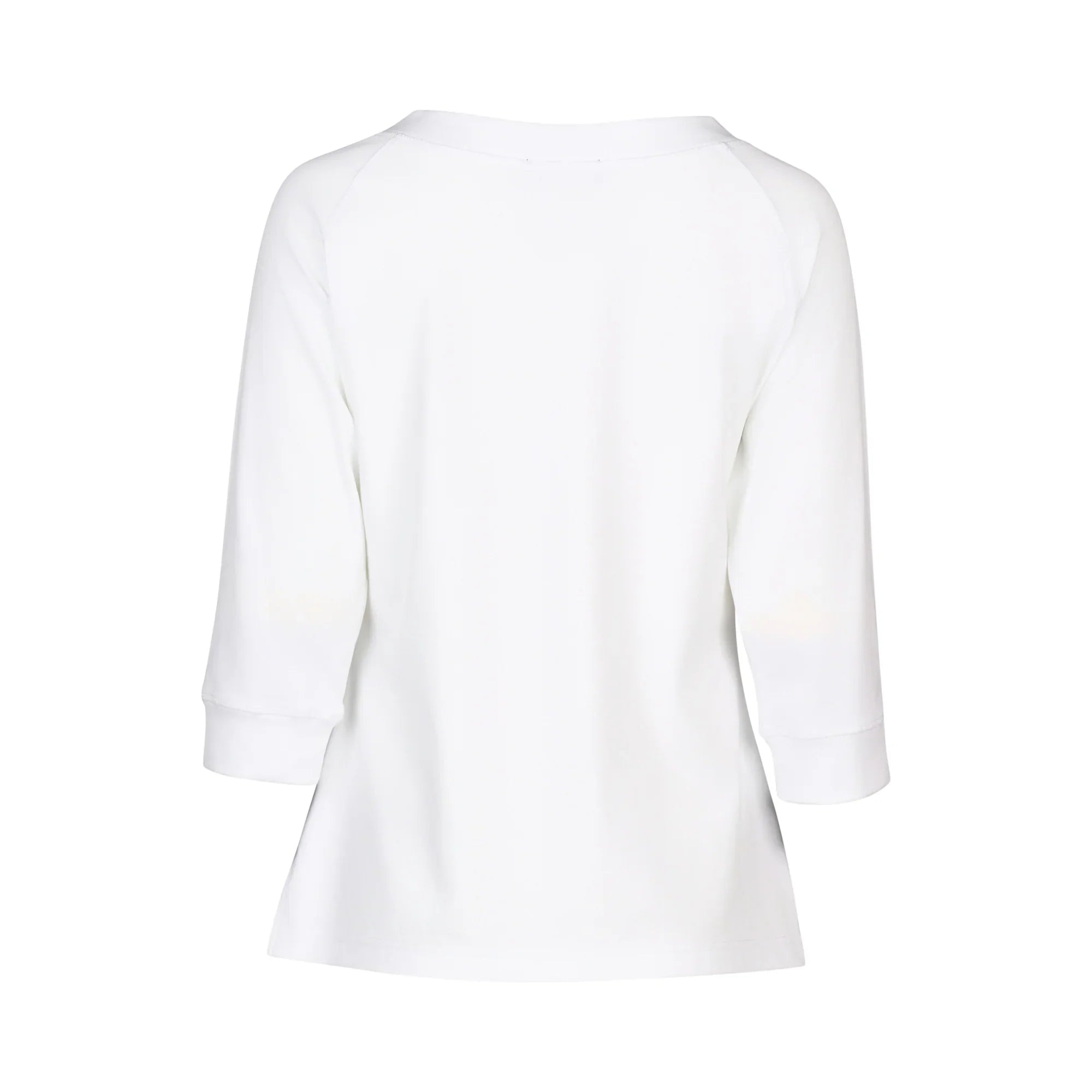 Back view of plain white women's 3/4 sleeve tee with relaxed fit