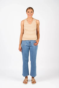 KNEWE Label women's K3060 Vista Tank Ecru Caramel in Stripe - close-up fabric detail
