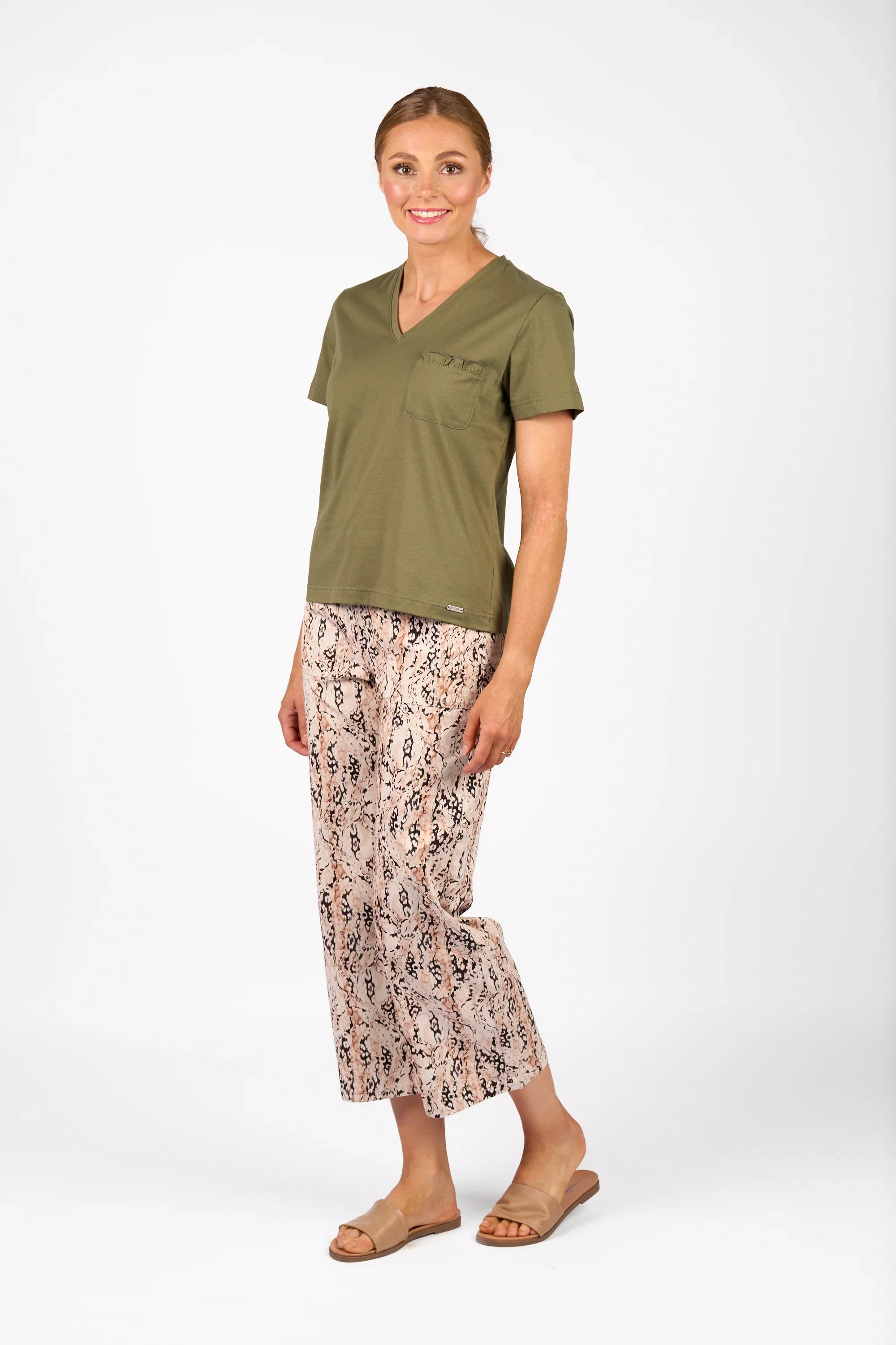 KNEWE Label women's K3061 Mila Tee in Olive - close-up fabric detail