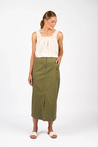 KNEWE Label women's K4041 Bay Skirt in Olive - close-up fabric detail