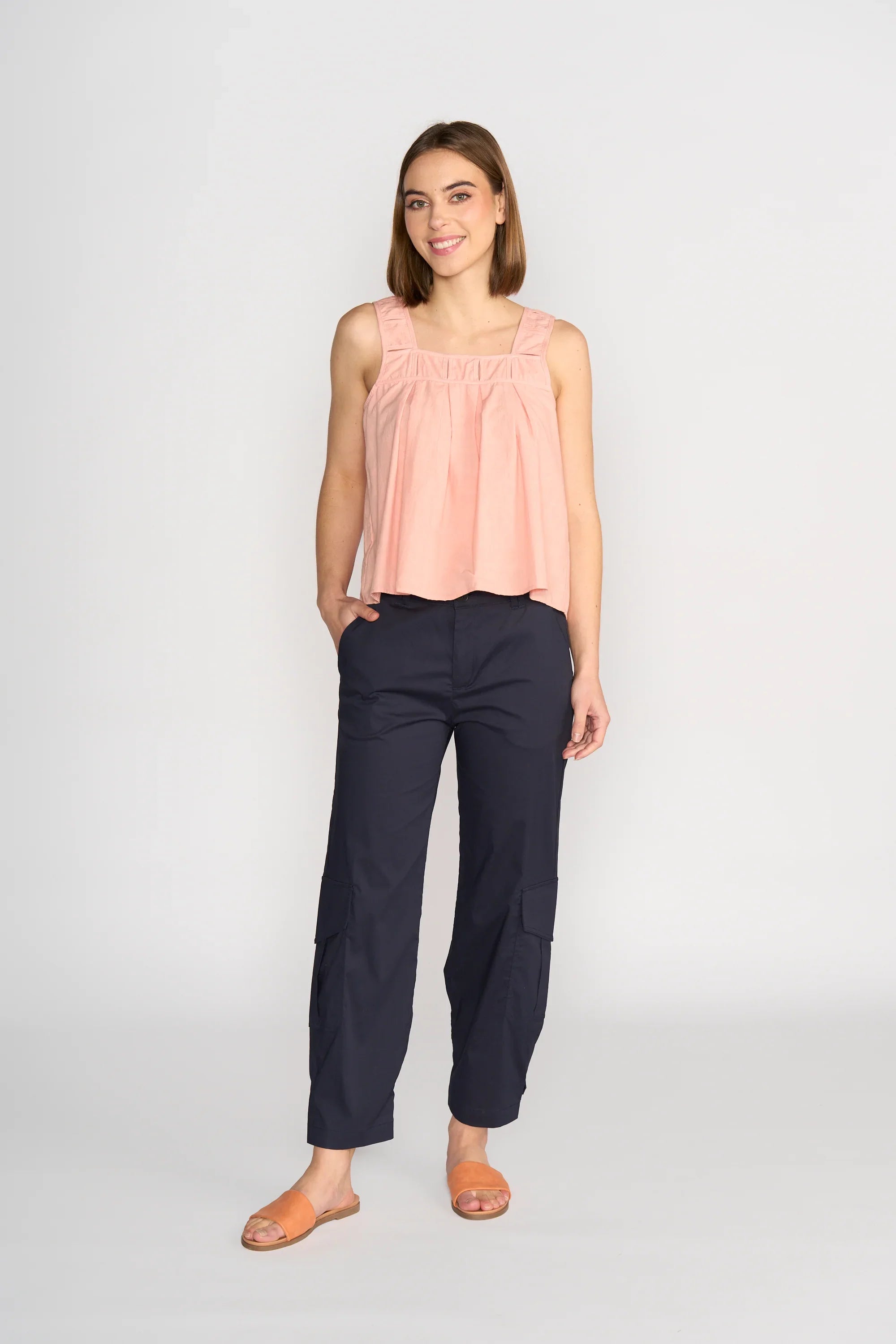KNEWE Label women's K5096 Evolve Top Coral in Check - close-up fabric detail