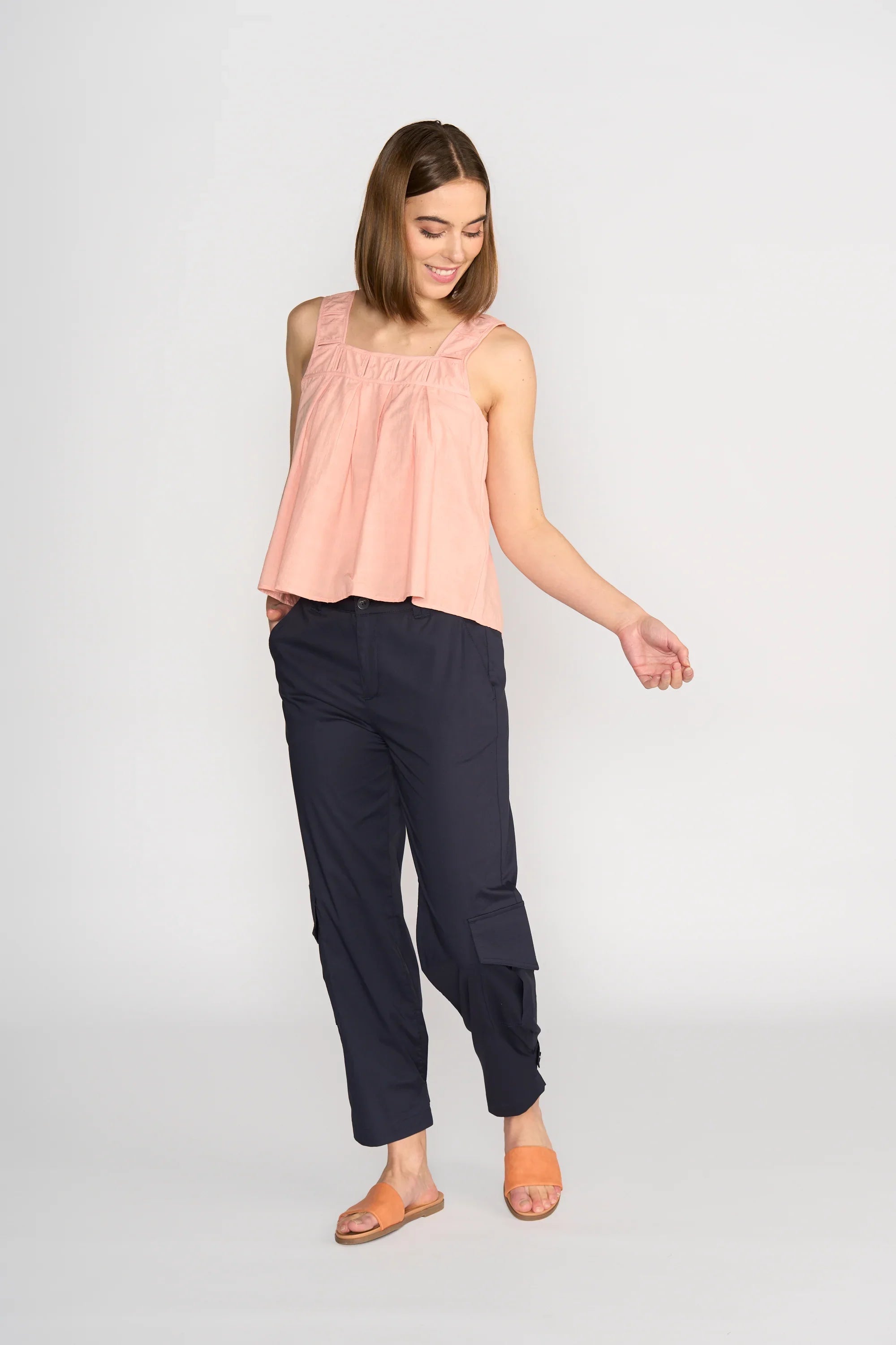 KNEWE Label women's K5096 Evolve Top Coral in Check - close-up fabric detail