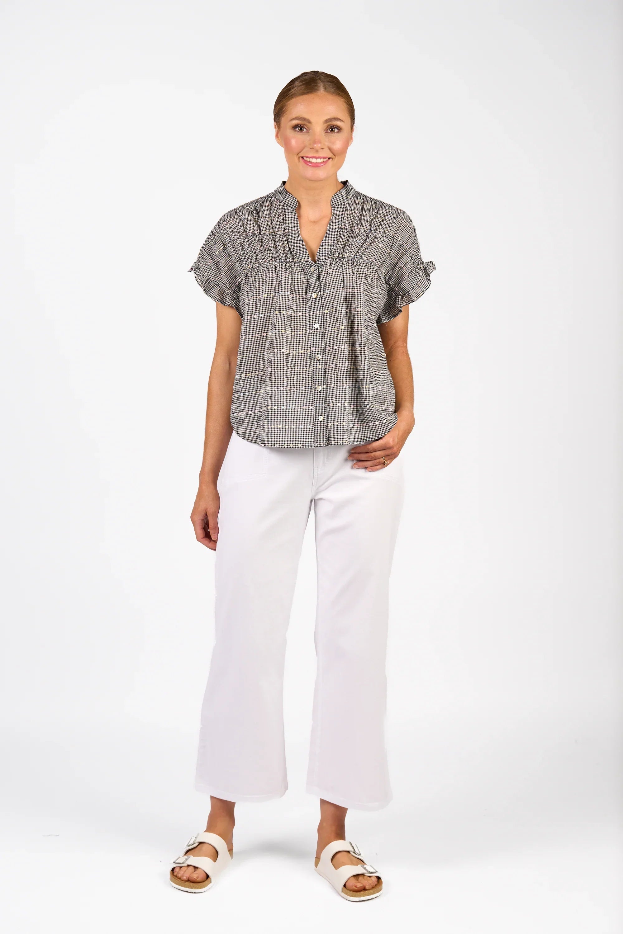 KNEWE Label women's K5097 Addison Top Black in Check - close-up fabric detail
