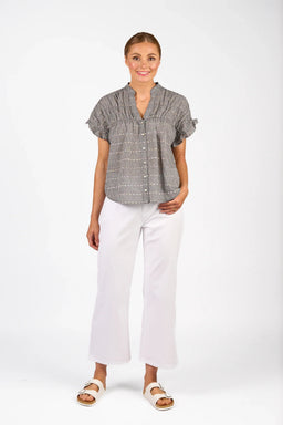 KNEWE Label women's K5097 Addison Top Black in Check - close-up fabric detail