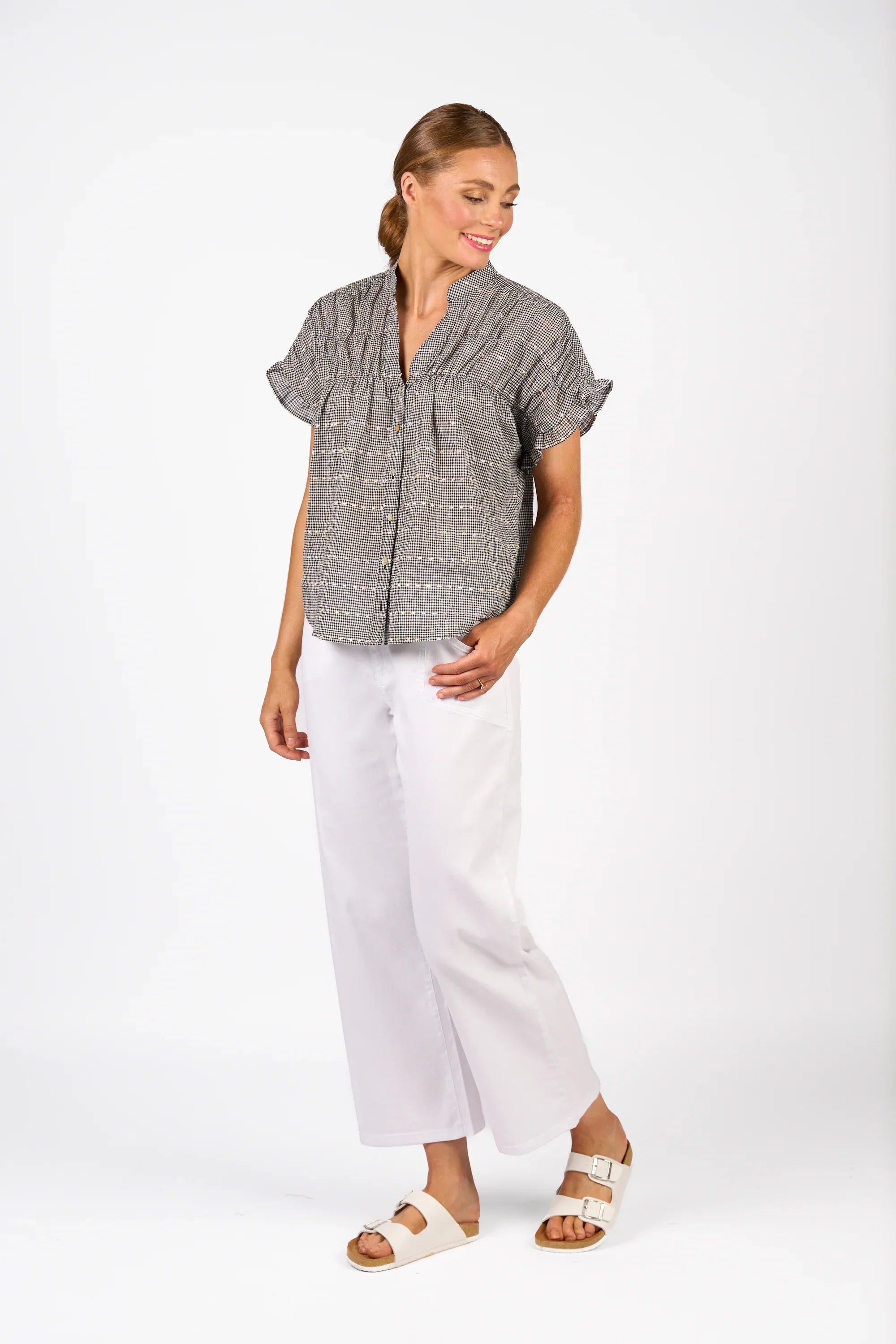 KNEWE Label women's K5097 Addison Top Black in Check - close-up fabric detail