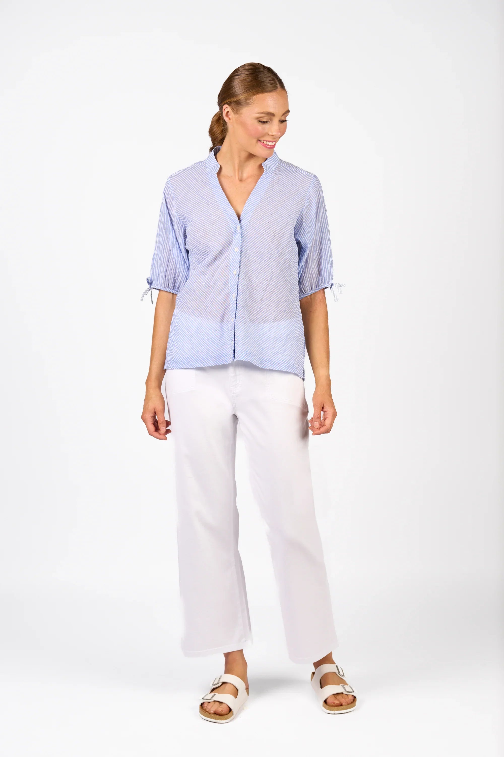 KNEWE Label women's K5099 Link Shirt Blue in Stripe - close-up fabric detail
