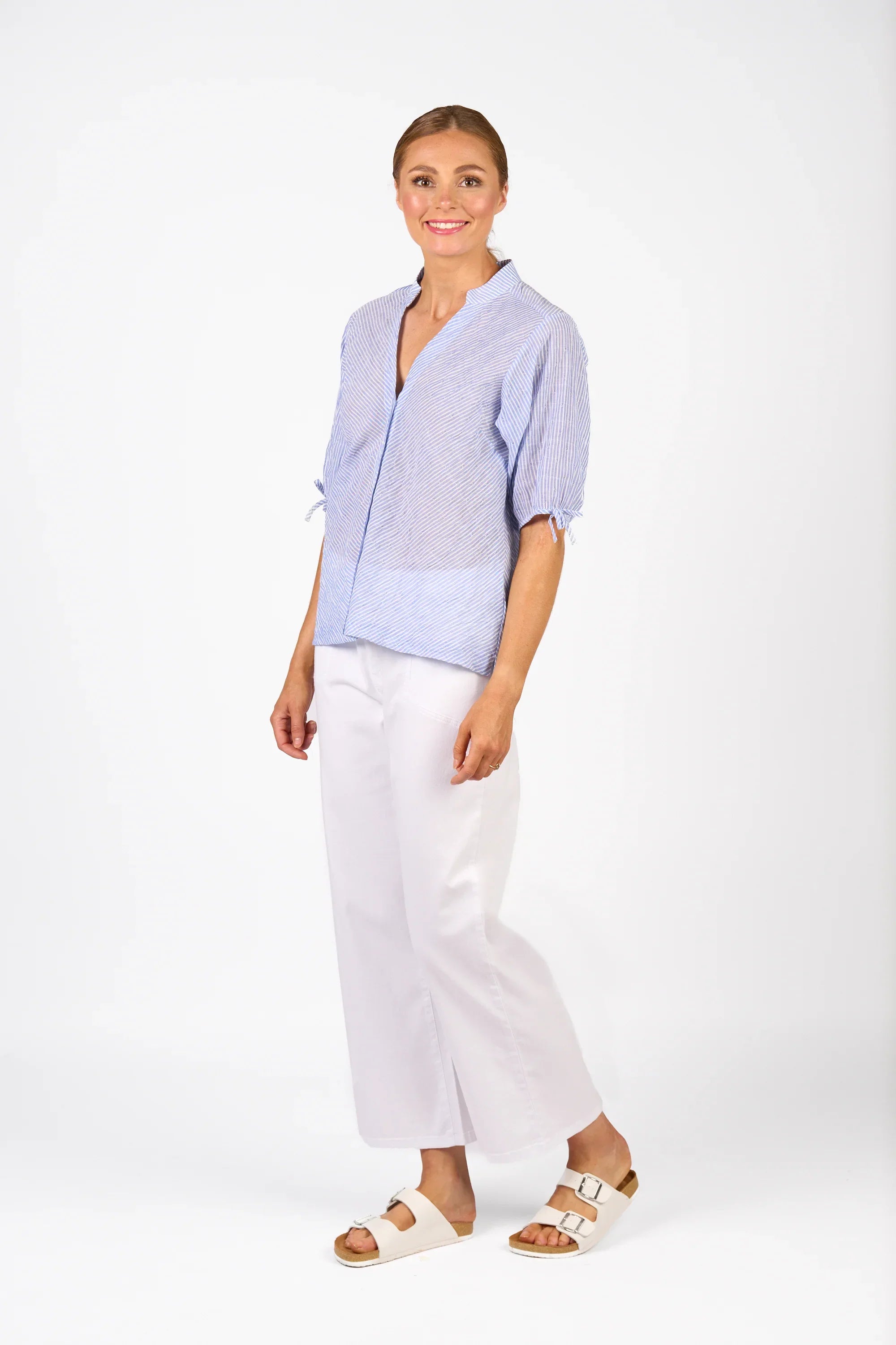 KNEWE Label women's K5099 Link Shirt Blue in Stripe - close-up fabric detail
