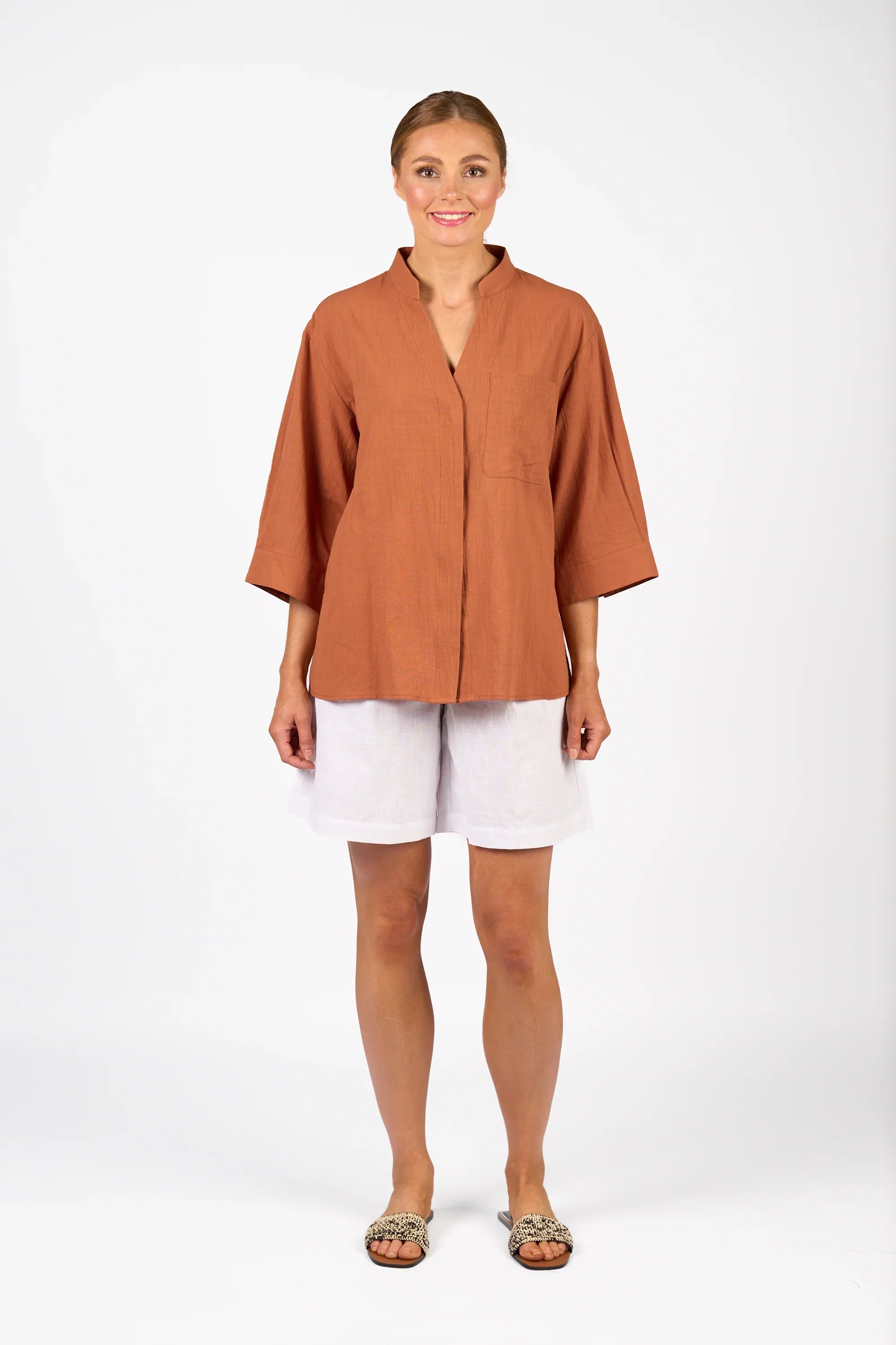KNEWE Label women's K5101 Holiday Shirt in Cocoa - close-up fabric detail