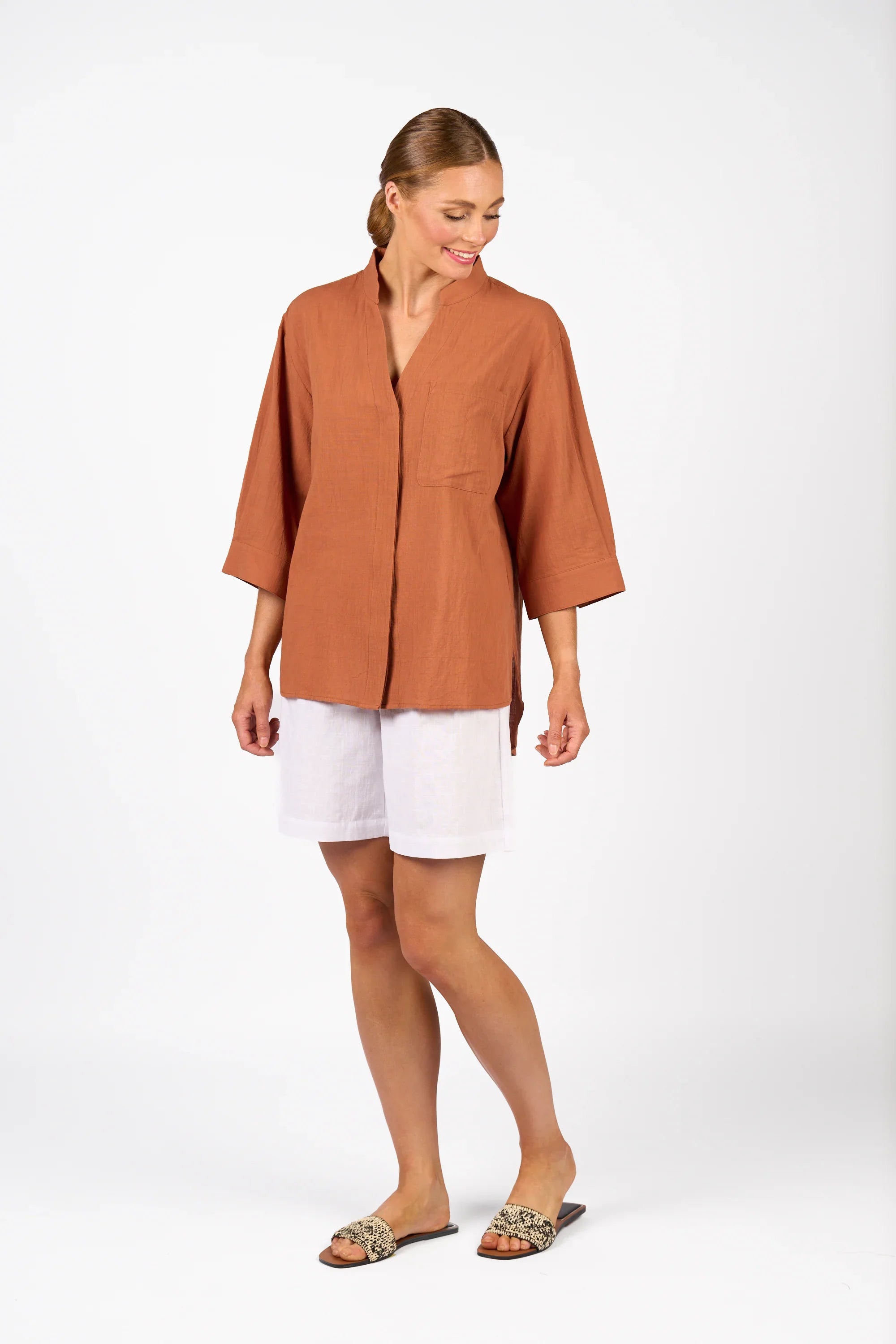 KNEWE Label women's K5101 Holiday Shirt in Cocoa - close-up fabric detail