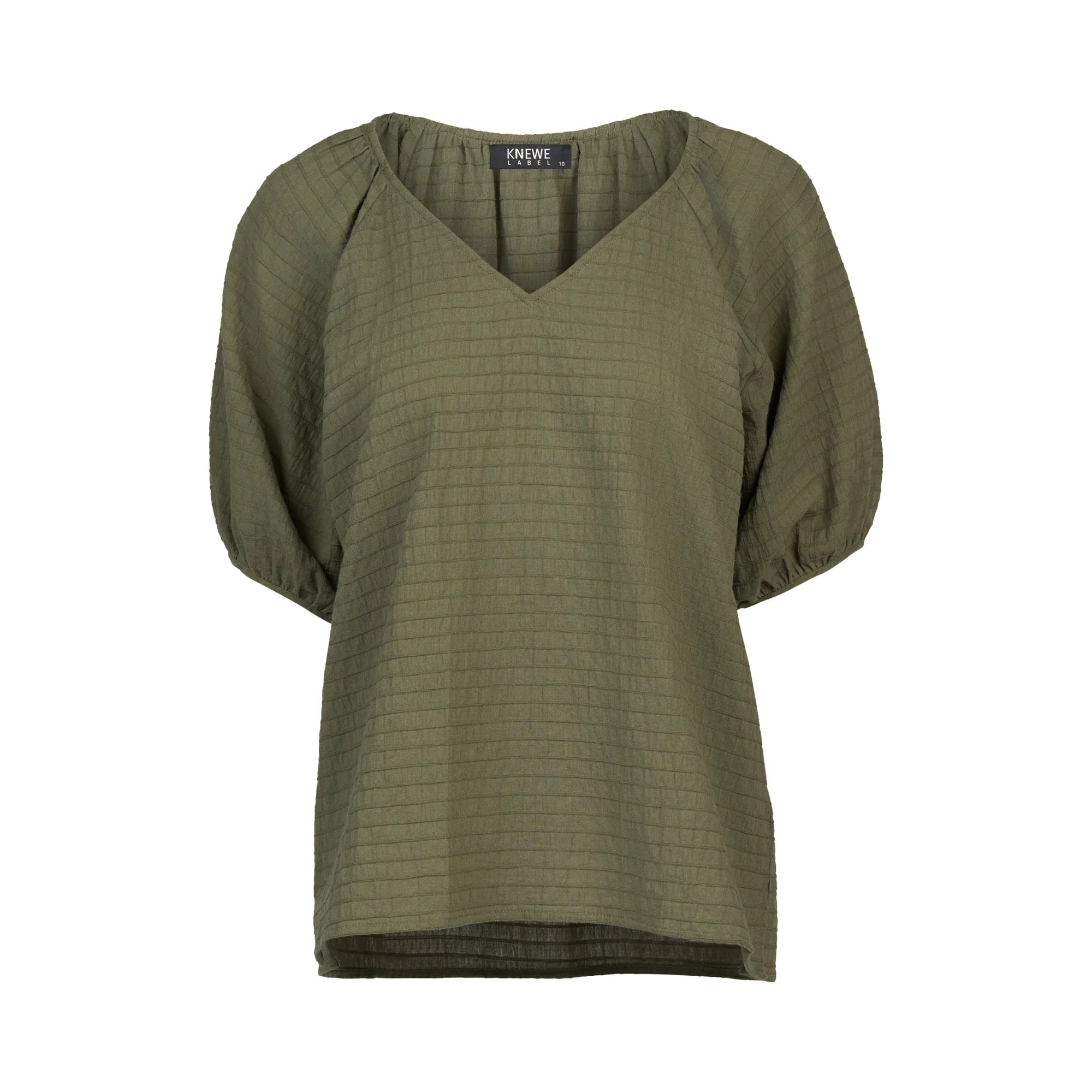 KNEWE Label women's K5102 Focus Top in Olive - close-up fabric detail