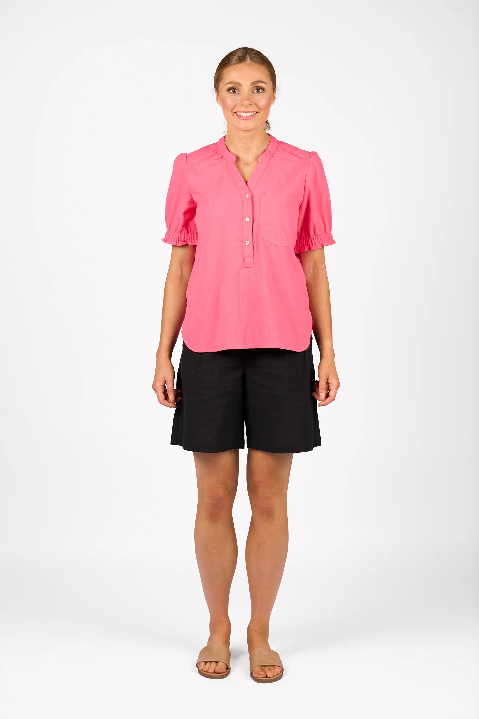 KNEWE Label women's K5104 Naomi Top in Raspberry - close-up fabric detail