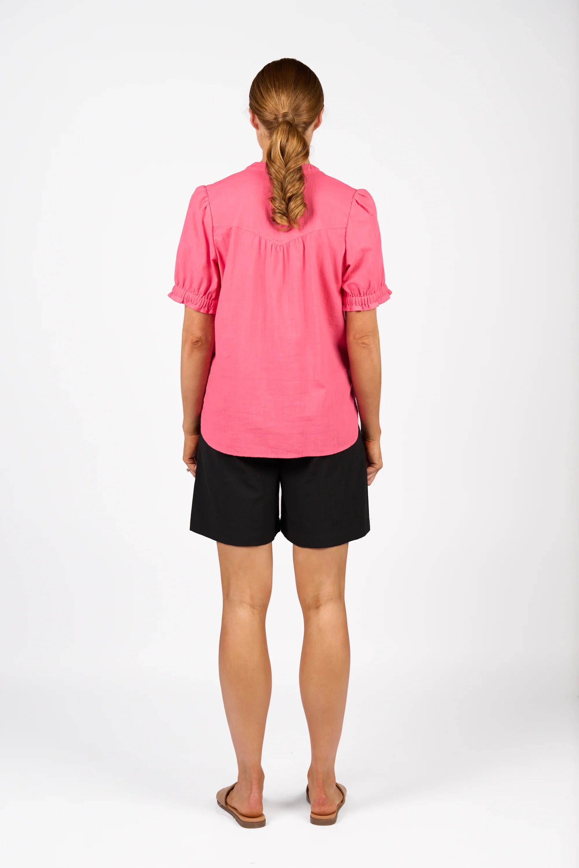KNEWE Label women's K5104 Naomi Top in Raspberry - close-up fabric detail