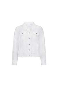 The Vassalli Aura Jacket in White features a relaxed fit with long sleeves, a collar, metal front buttons, and two buttoned chest pockets, shown on a plain white background.