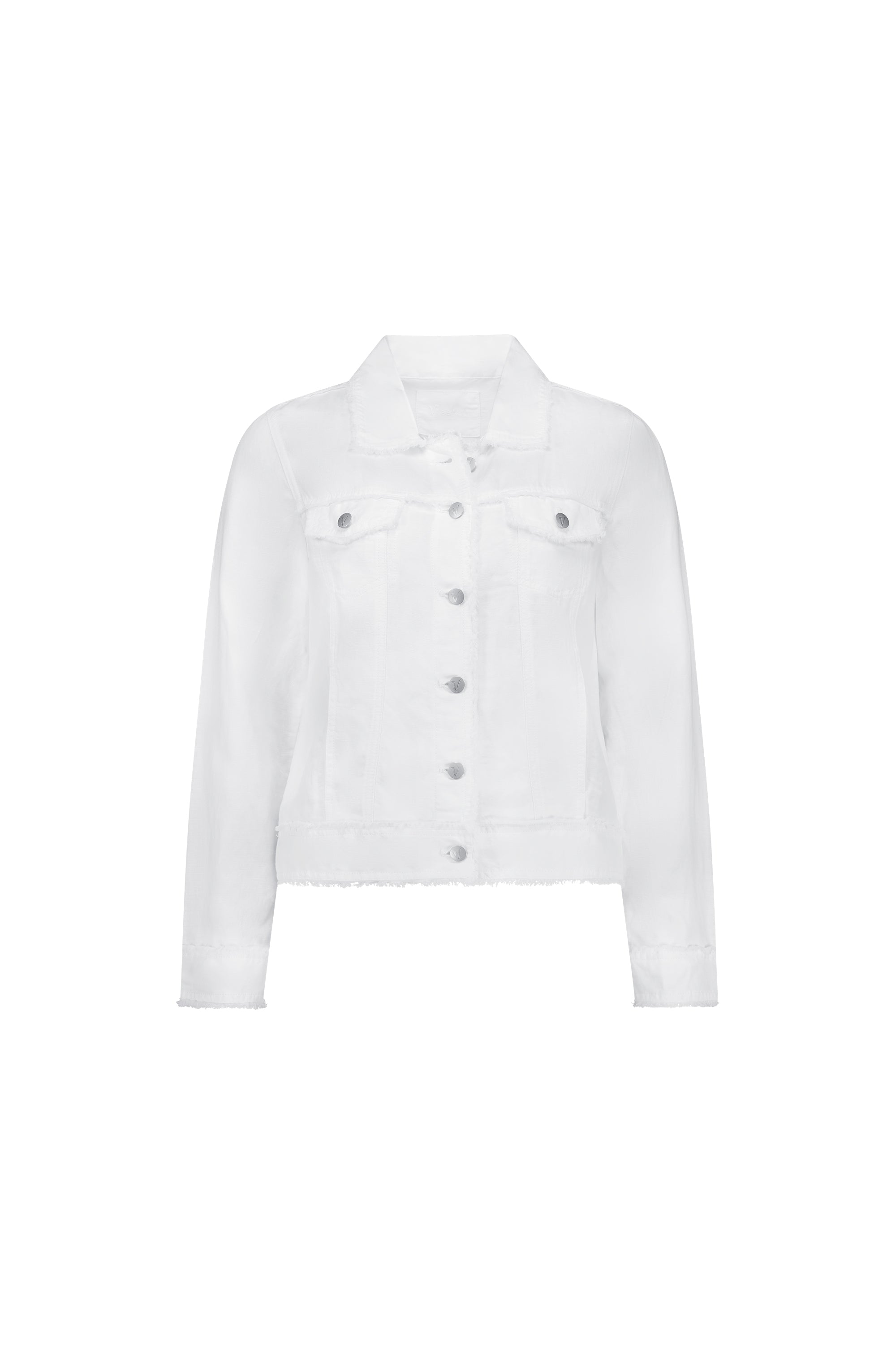 The Vassalli Aura Jacket in White features a relaxed fit with long sleeves, a collar, metal front buttons, and two buttoned chest pockets, shown on a plain white background.