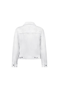 The Vassalli Aura Jacket in white features a relaxed fit, long sleeves, buttoned cuffs, and adjustable side tabs at the waistband, shown from the back.