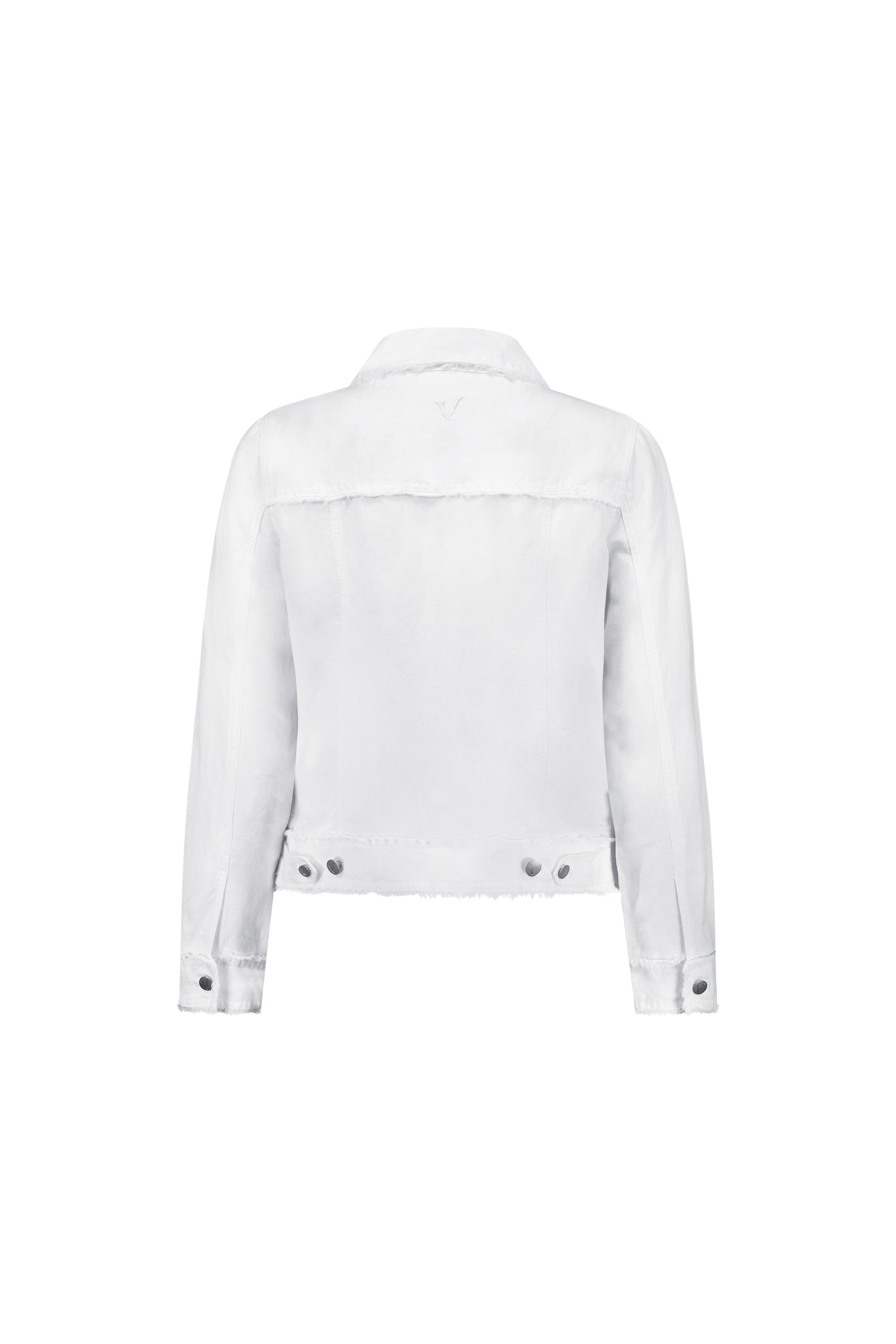 The Vassalli Aura Jacket in white features a relaxed fit, long sleeves, buttoned cuffs, and adjustable side tabs at the waistband, shown from the back.