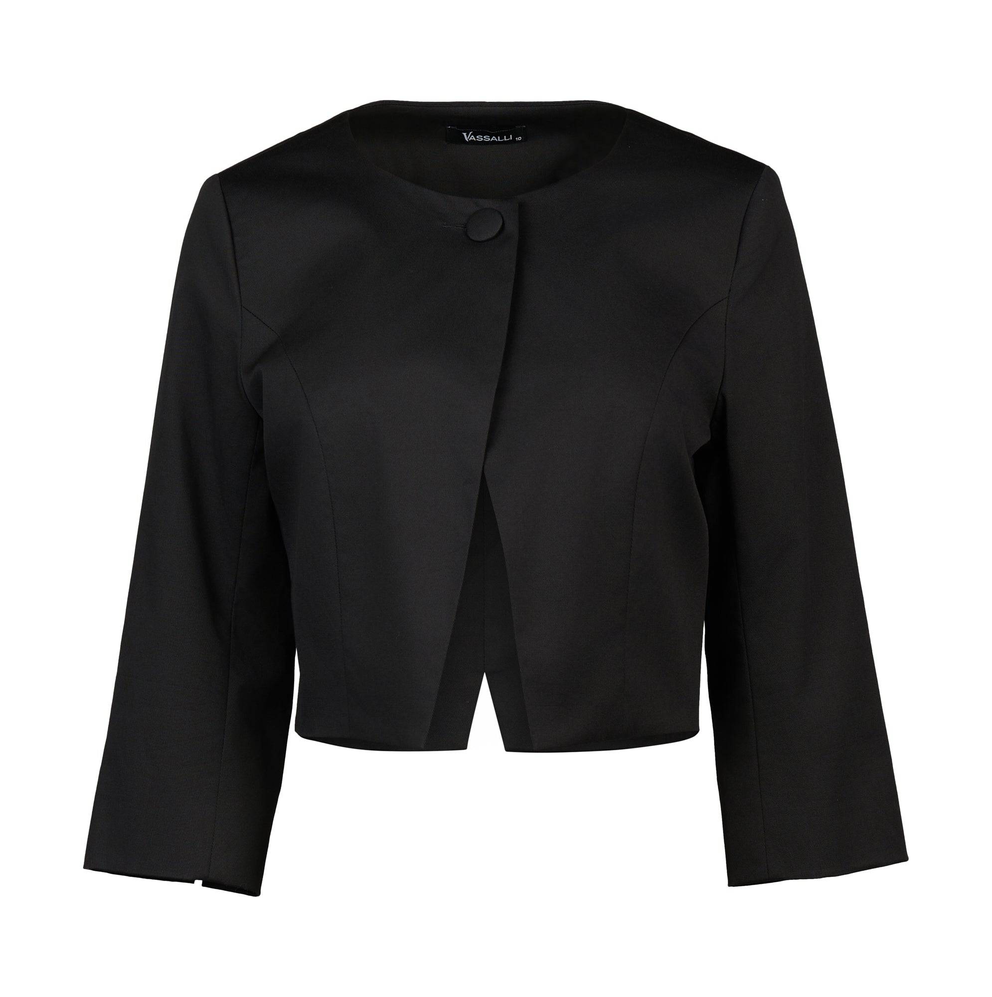 The Vassalli Cropped Jacket - Black is a women's layer featuring a round neckline, single top button, open front, and long sleeves for chic style.