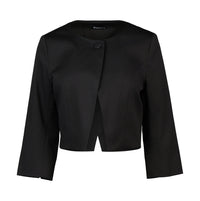 The Vassalli Cropped Jacket - Black is a women's layer featuring a round neckline, single top button, open front, and long sleeves for chic style.