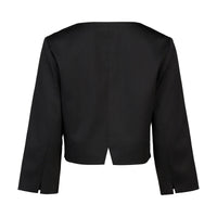 Back view of the Vassalli Cropped Jacket in black: a sleek, long-sleeve design with a straight hem, subtle center back slit, and sleeve slits. The tailored silhouette features no visible buttons or embellishments.