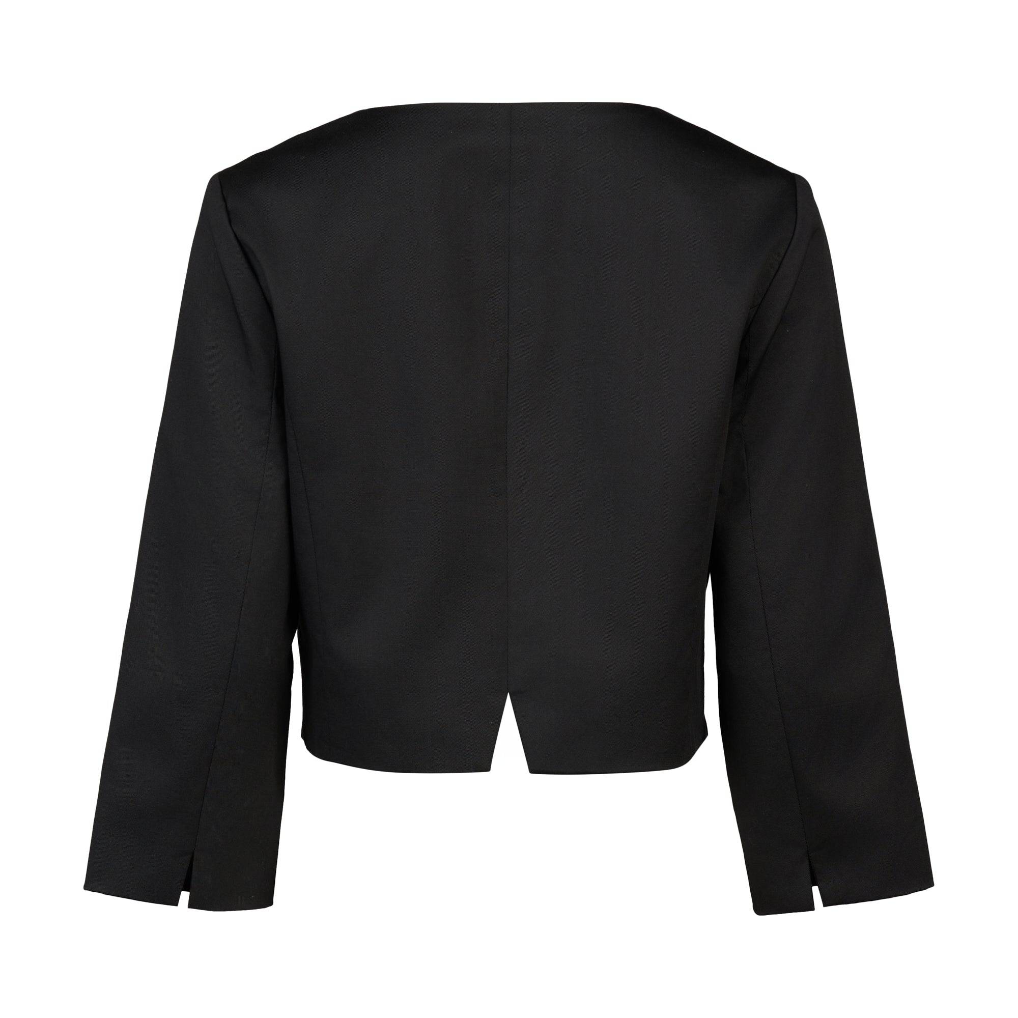 Back view of the Vassalli Cropped Jacket in black: a sleek, long-sleeve design with a straight hem, subtle center back slit, and sleeve slits. The tailored silhouette features no visible buttons or embellishments.