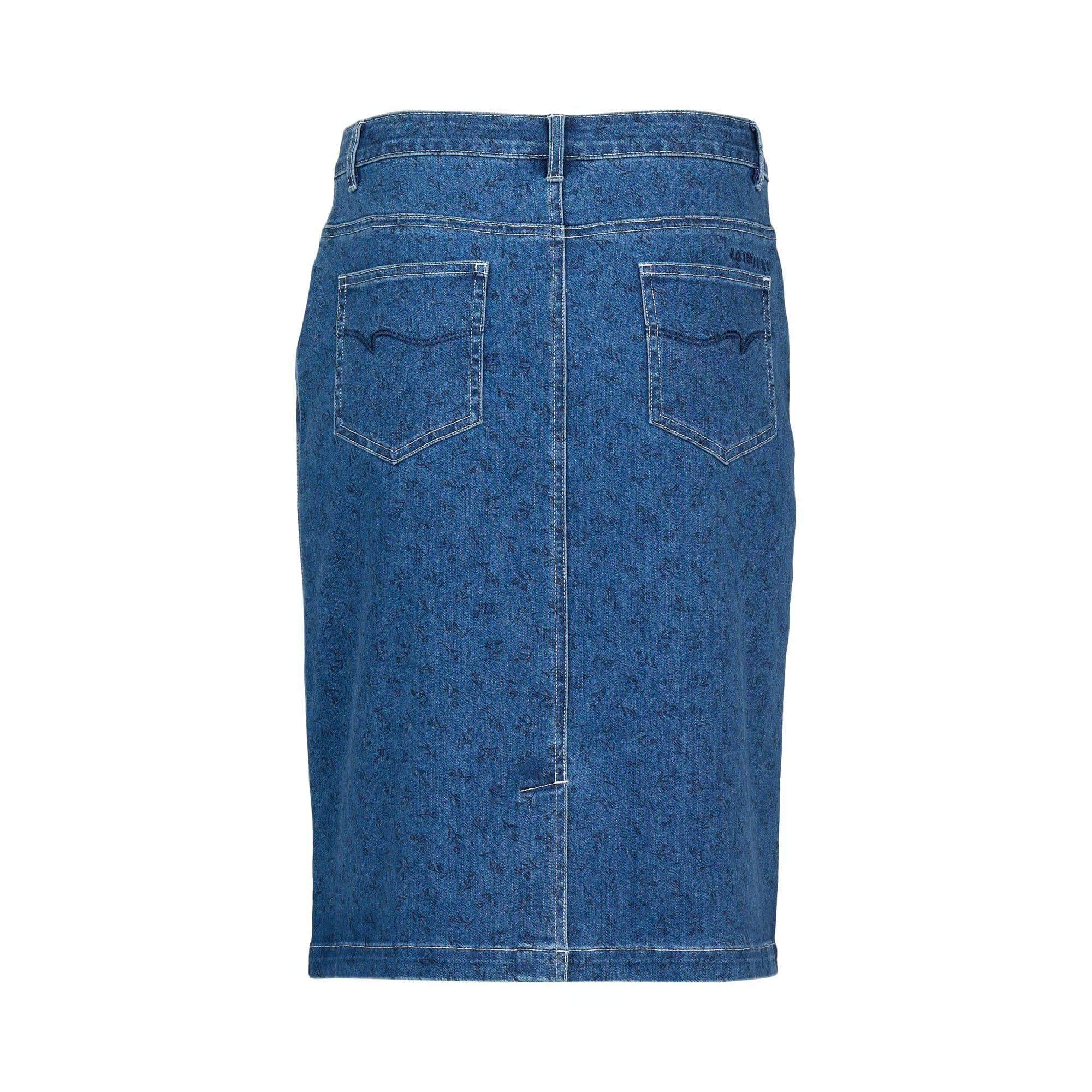 Back view of the Vassalli Poppy Skirt - Kansas Denim shows two back pockets with stitched detailing and visible seams at the waistband and hem.