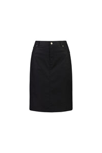 The Vassalli Poppy Poplin Skirt in black is a knee-length skirt featuring belt loops, front button, and side pockets with classic jean styling. Displayed on a plain white background.