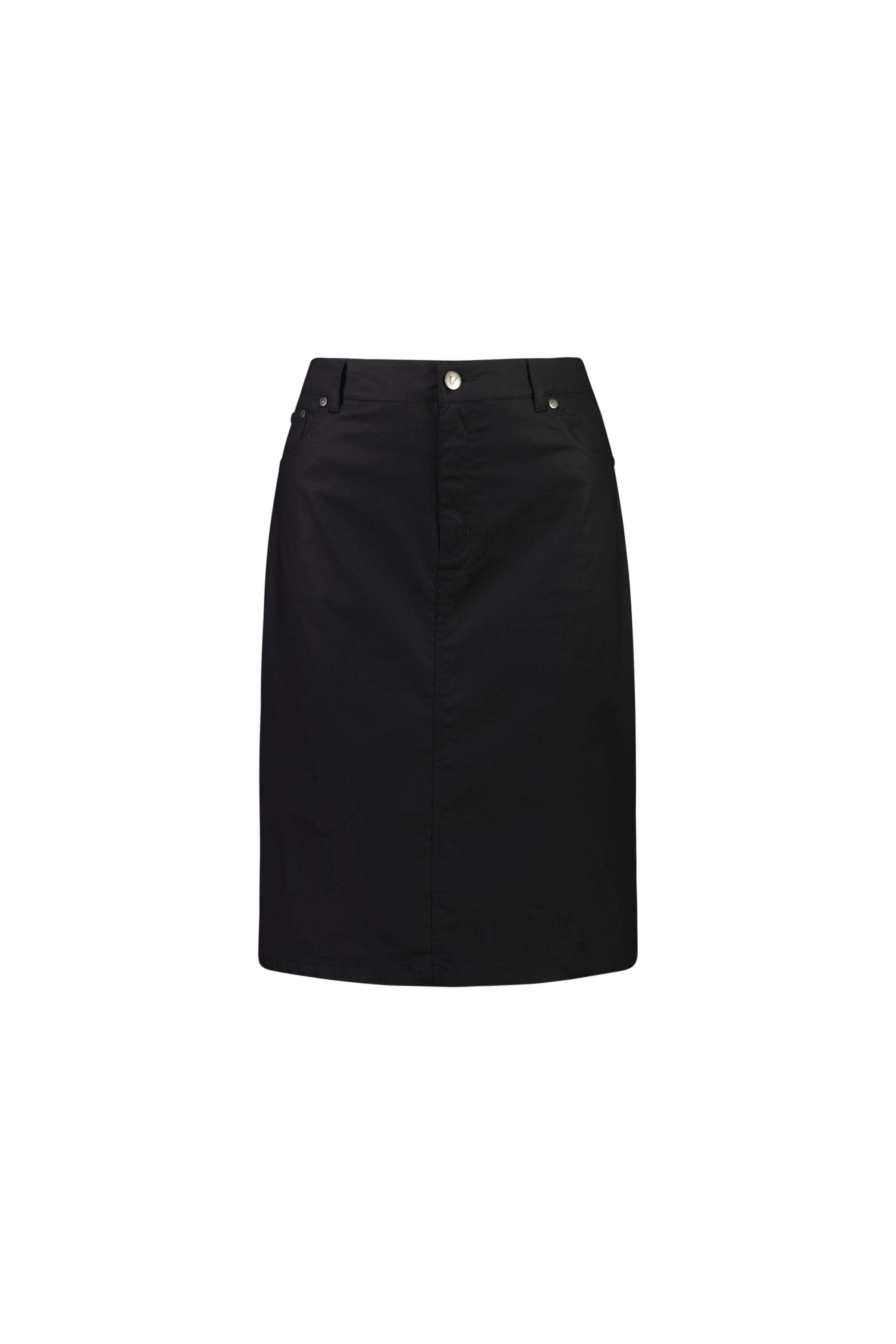 The Vassalli Poppy Poplin Skirt in black is a knee-length skirt featuring belt loops, front button, and side pockets with classic jean styling. Displayed on a plain white background.