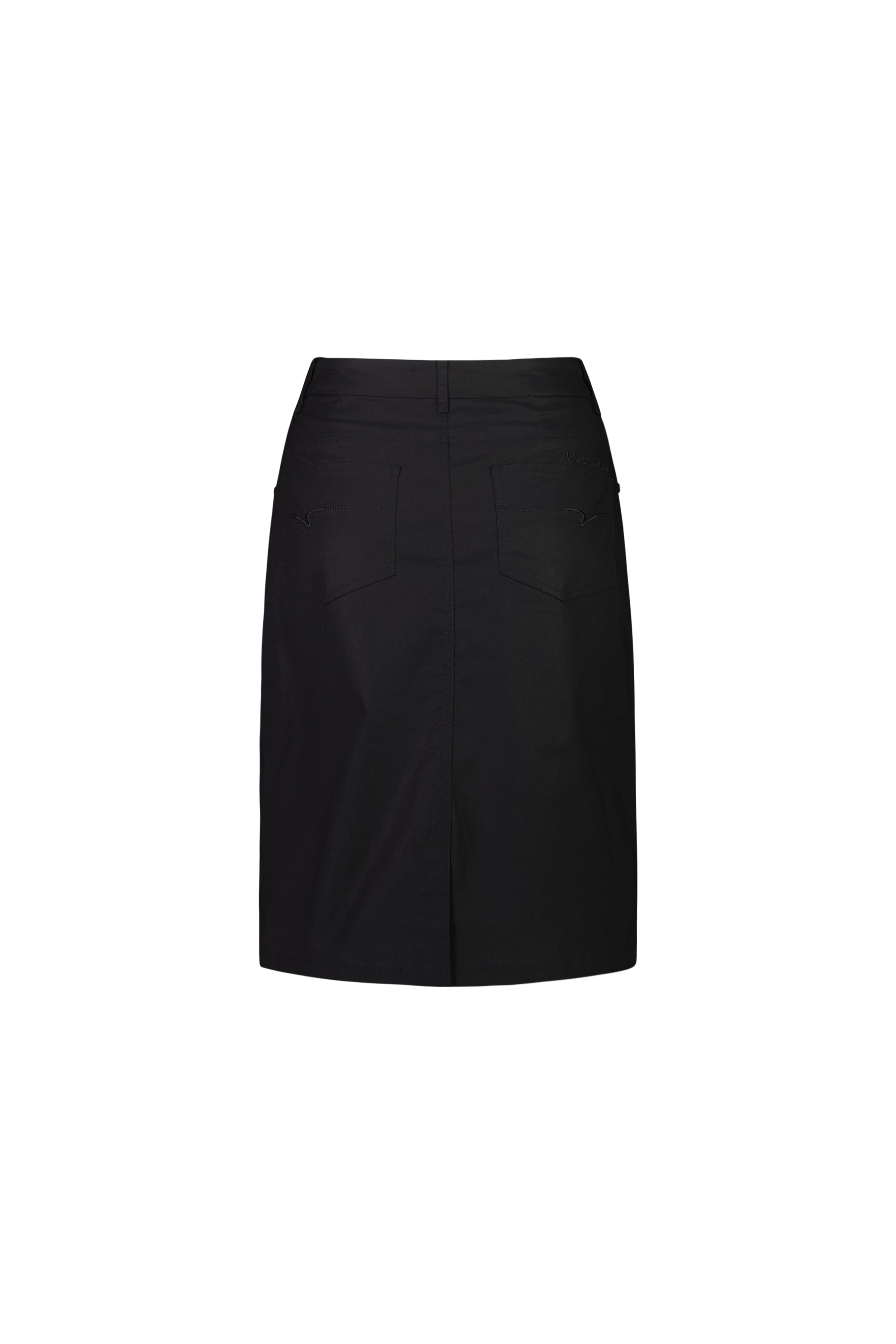 The Vassalli Poppy Poplin Skirt in black is knee-length with jean-inspired styling, two back pockets, and a clean, tailored look.