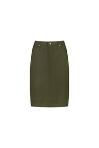 The Vassalli Poppy Poplin Skirt in khaki is a knee-length skirt with jean styling, belt loops, front button and zip closure, and two front pockets, shown on a plain white background.