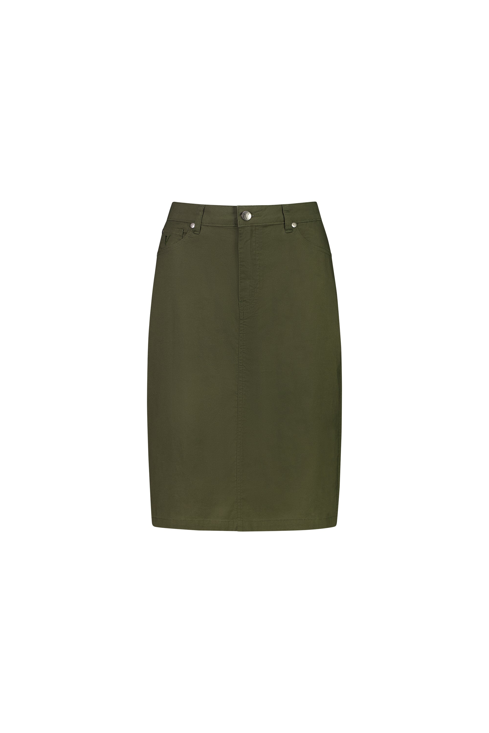 The Vassalli Poppy Poplin Skirt in khaki is a knee-length skirt with jean styling, belt loops, front button and zip closure, and two front pockets, shown on a plain white background.