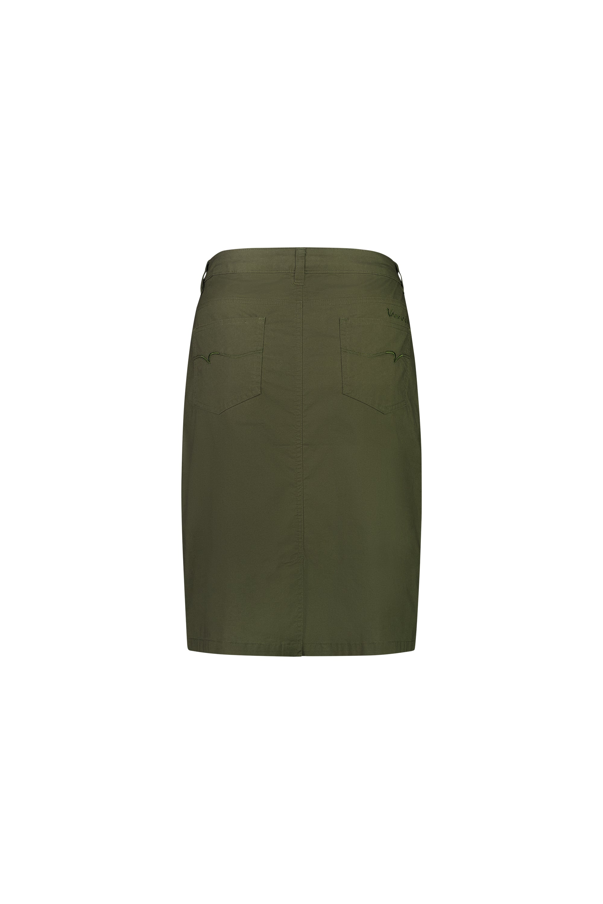 The Vassalli Poppy Poplin Skirt in khaki is shown from the back, highlighting its classic jean details with two back pockets and a clean, simple design, set against a plain white background.