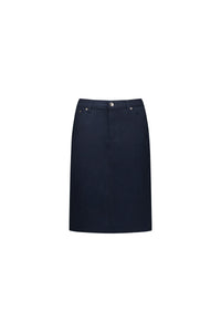 The Vassalli Poppy Poplin Skirt in navy features jean styling, a front button, and two small front pockets, shown against a white background.
