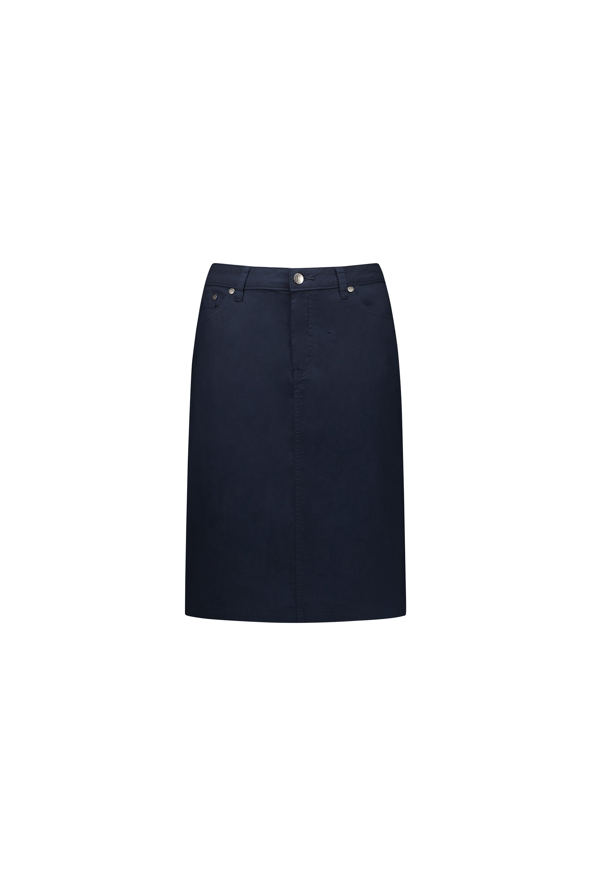 The Vassalli Poppy Poplin Skirt in navy features jean styling, a front button, and two small front pockets, shown against a white background.