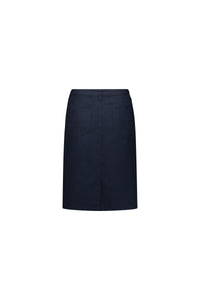 The Vassalli Poppy Poplin Skirt in navy is knee-length with jean styling, two back pockets, and a waistband with belt loops, shown from the back against a plain white background.