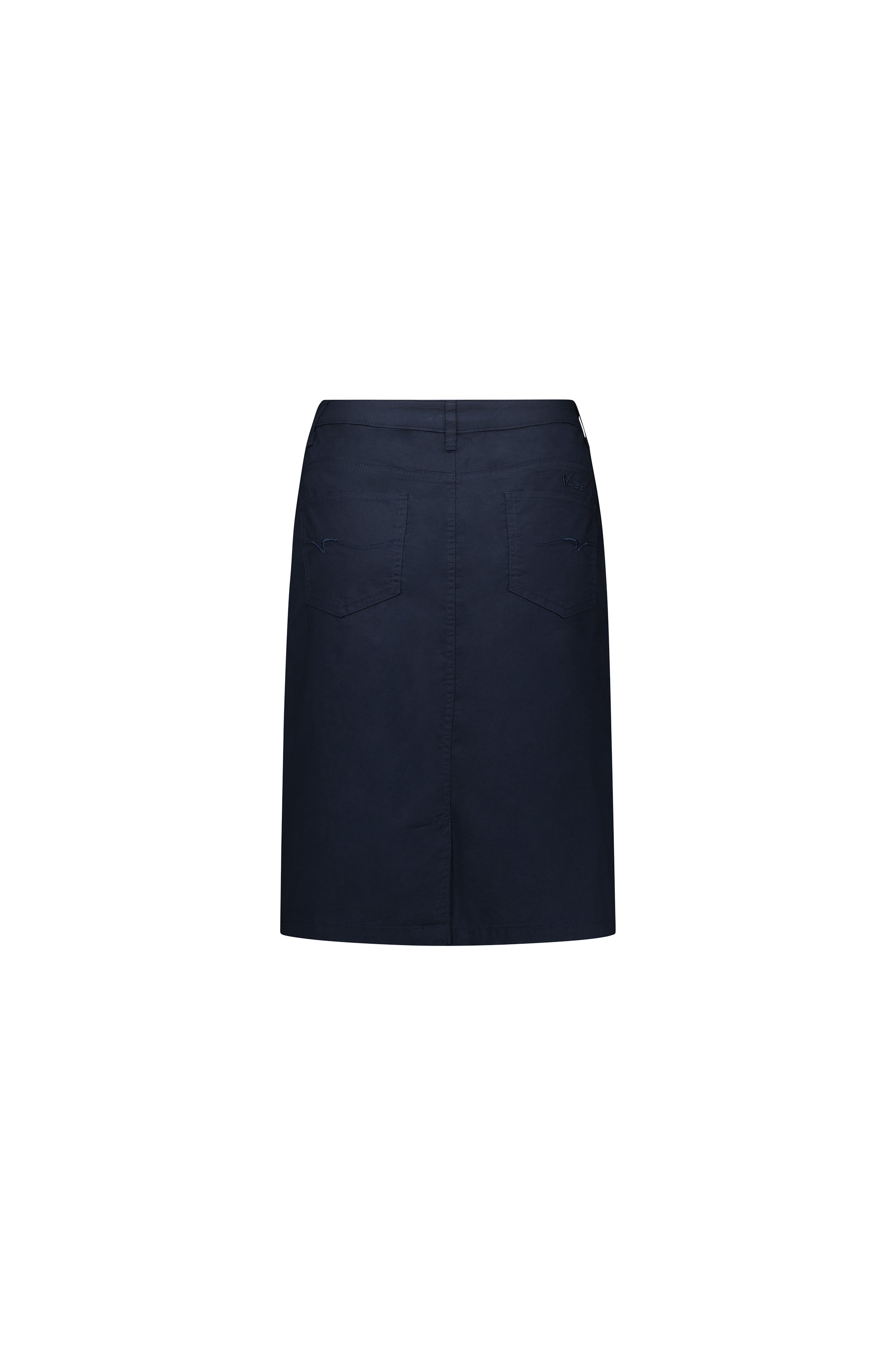 The Vassalli Poppy Poplin Skirt in navy is knee-length with jean styling, two back pockets, and a waistband with belt loops, shown from the back against a plain white background.