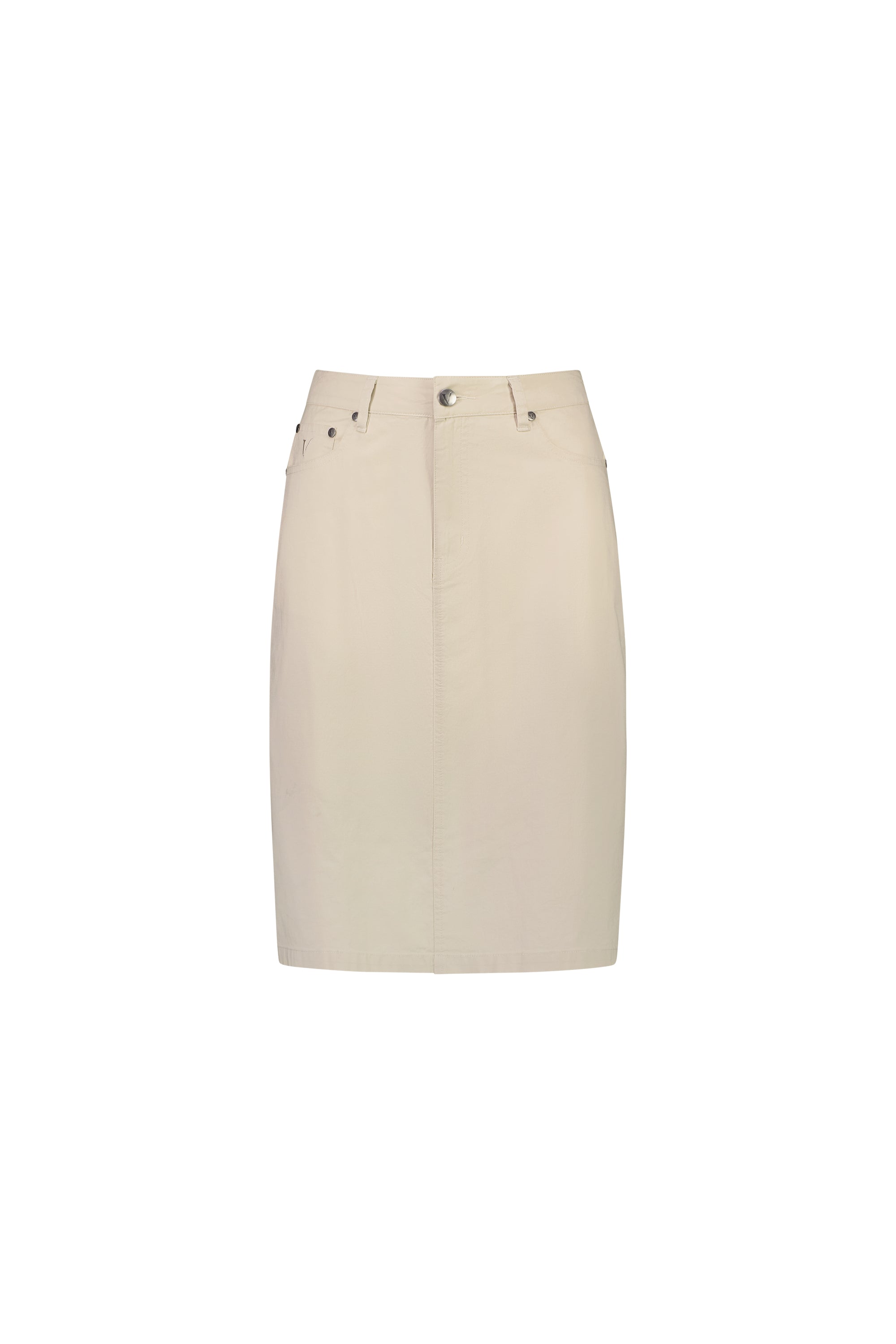 The Vassalli Poppy Poplin Skirt - Sand is a beige, knee-length skirt with jean styling, front button and zip closure, belt loops, and side pockets, shown against a plain white background.