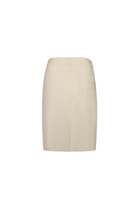 The Vassalli Poppy Poplin Skirt in Sand is a beige, knee-length skirt with back pockets, waistband, jean-style details, a tailored design, back seam, and subtle top zipper—shown on a white background.